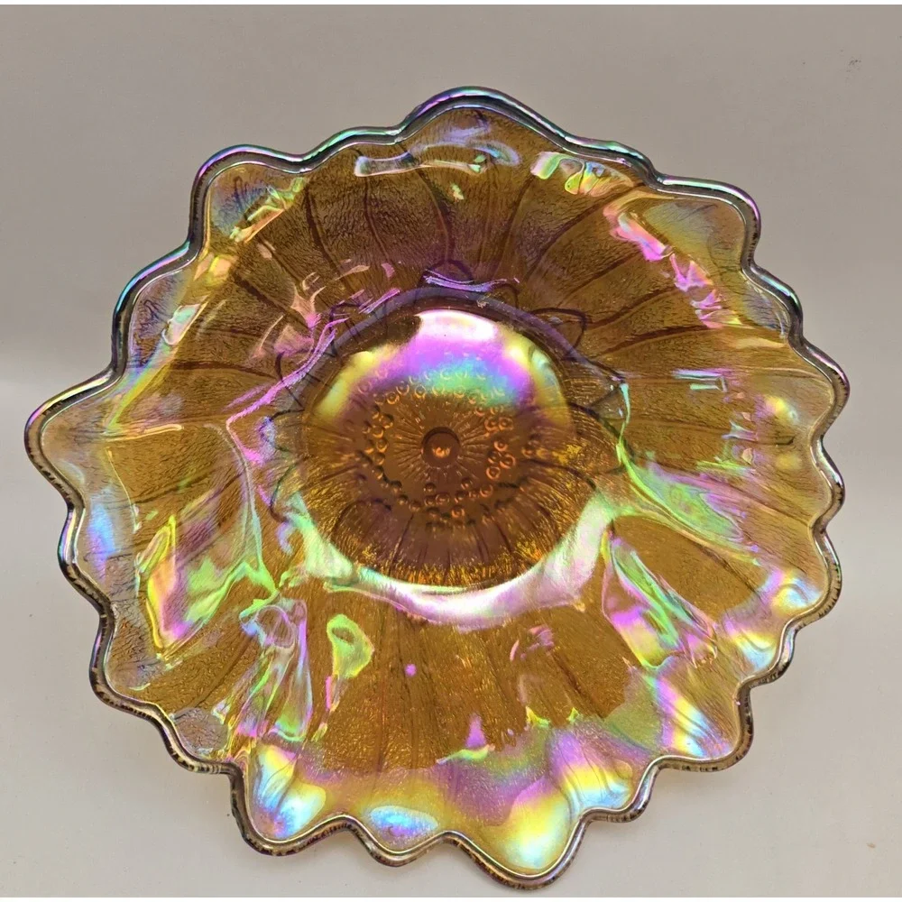 Vintage Sunflower Bowl Carnival Glass Marigold Iridescent 7